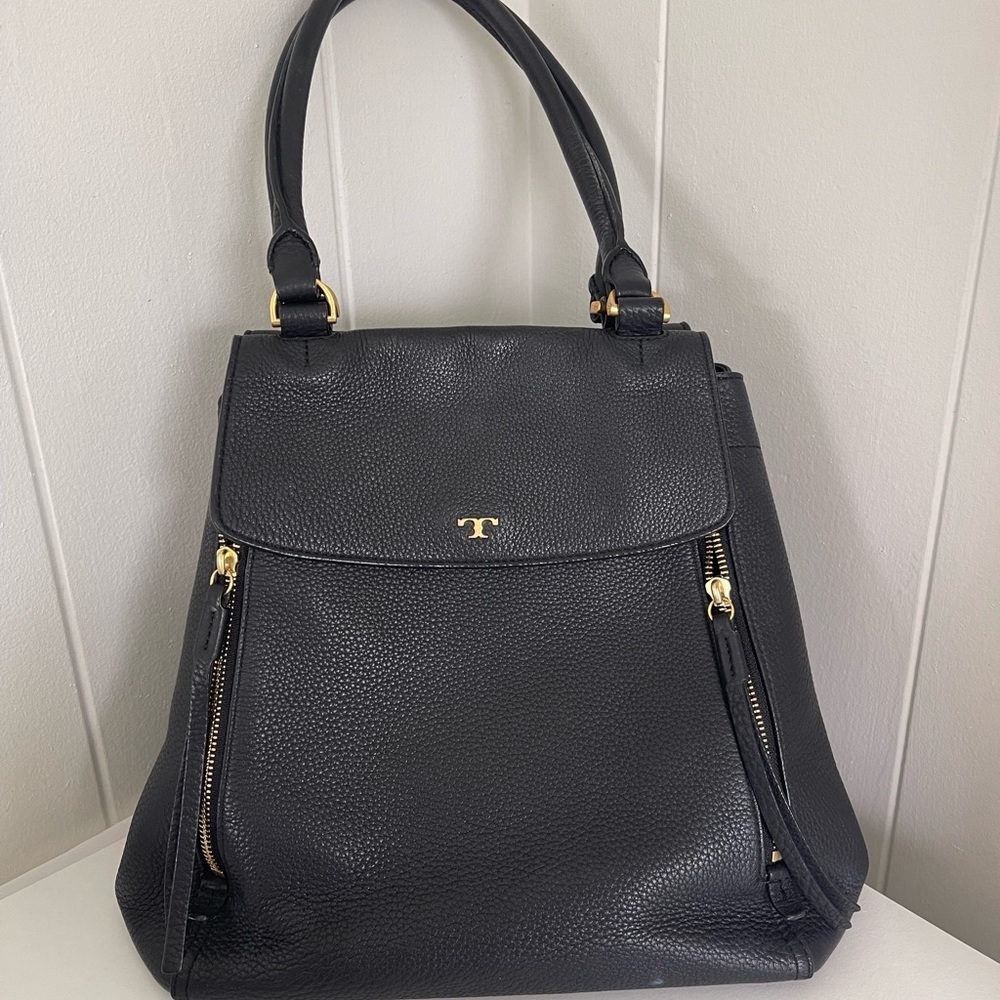 Tory Burch Black Leather Large Half Moon Satchel Purse